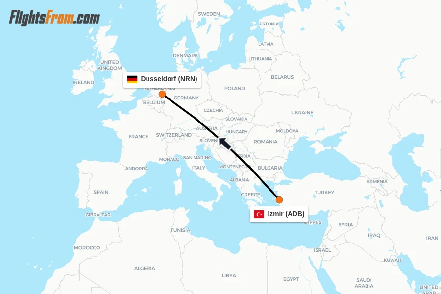 Flights from Izmir to Dusseldorf route map