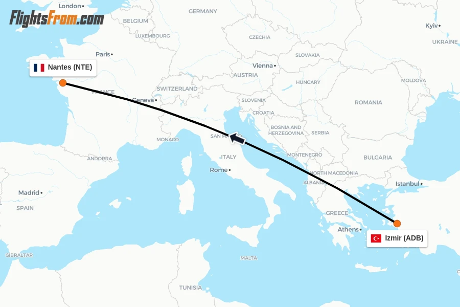 Flights from Izmir to Nantes route map