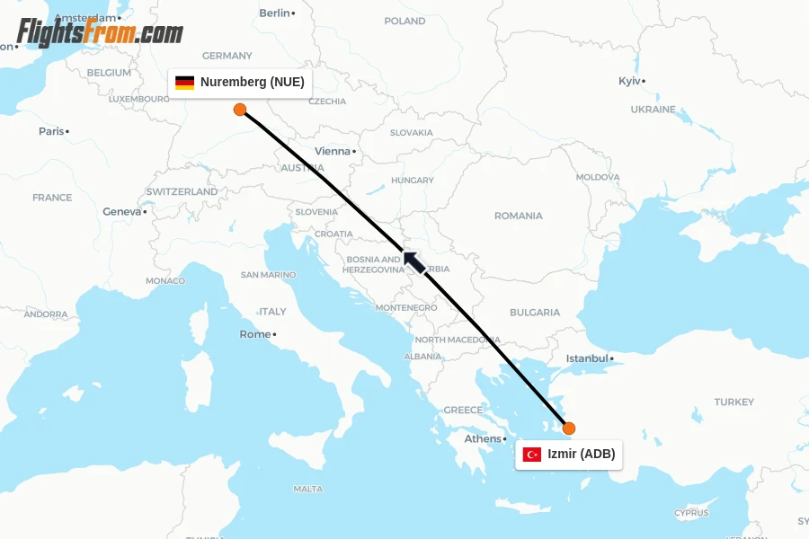 Flights from Izmir to Nuremberg route map