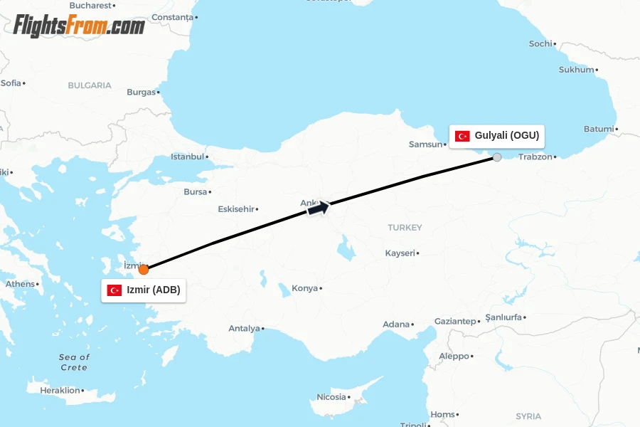 Flights from Izmir to Gulyali route map