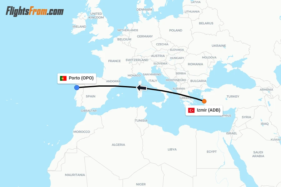 Flights from Izmir to Porto route map