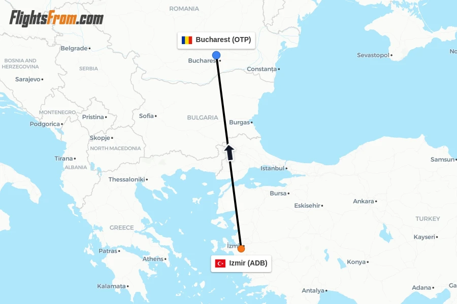 Flights from Izmir to Bucharest route map