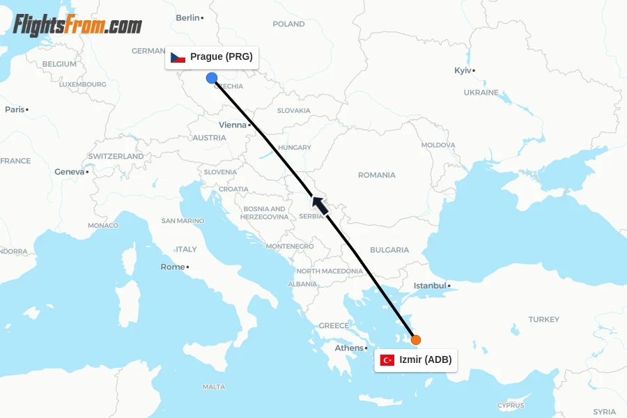 Flights from Izmir to Prague route map
