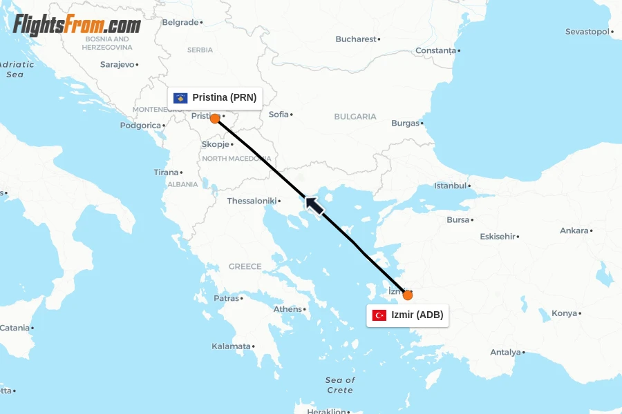 Flights from Izmir to Pristina route map