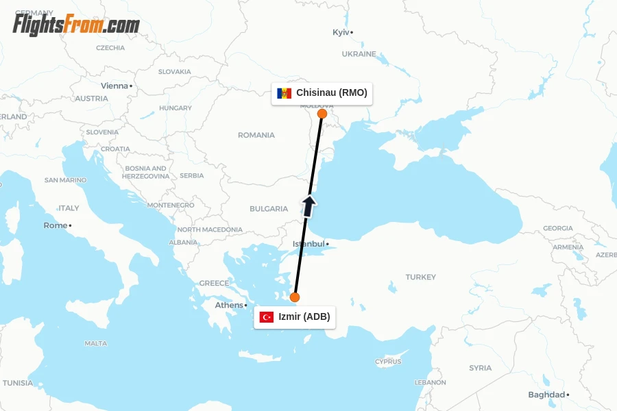 Flights from Izmir to Chisinau route map