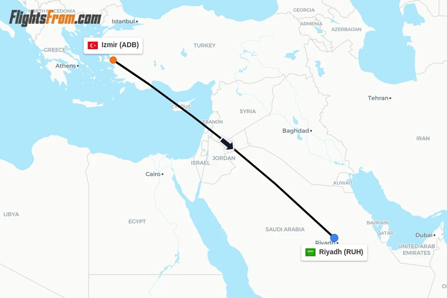 Flights from Izmir to Riyadh route map