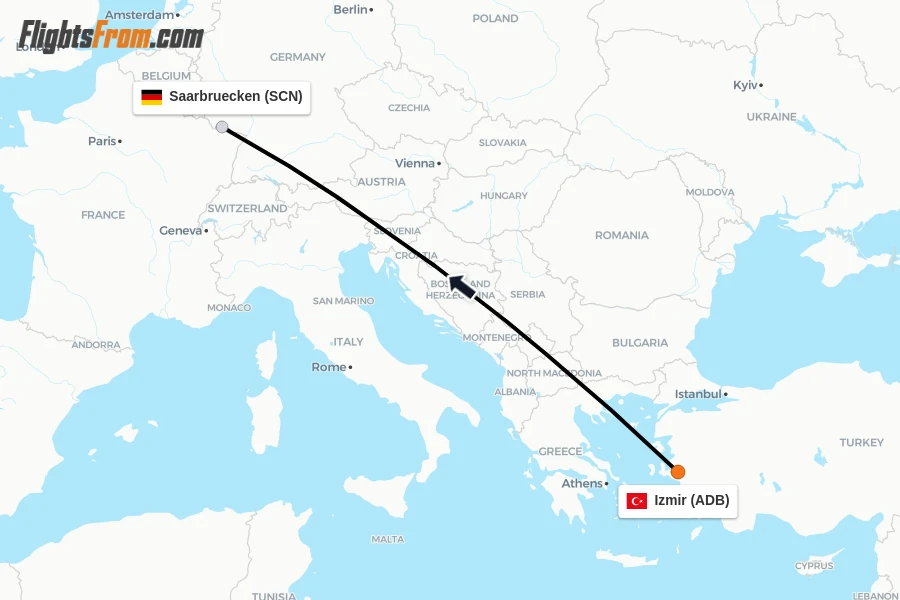 Flights from Izmir to Saarbruecken route map