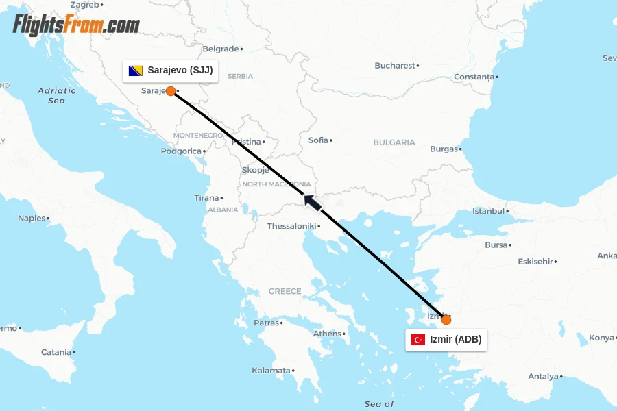 Flights from Izmir to Sarajevo route map