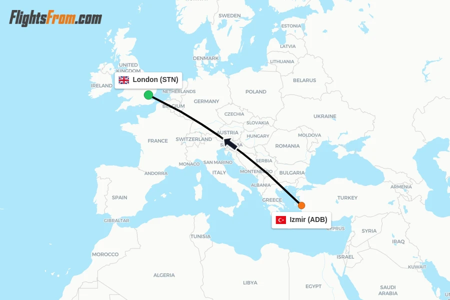 Flights from Izmir to London route map