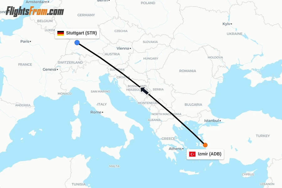 Flights from Izmir to Stuttgart route map