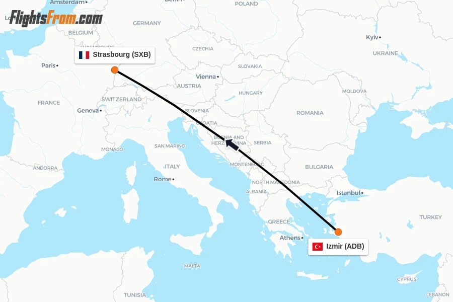 Flights from Izmir to Strasbourg route map