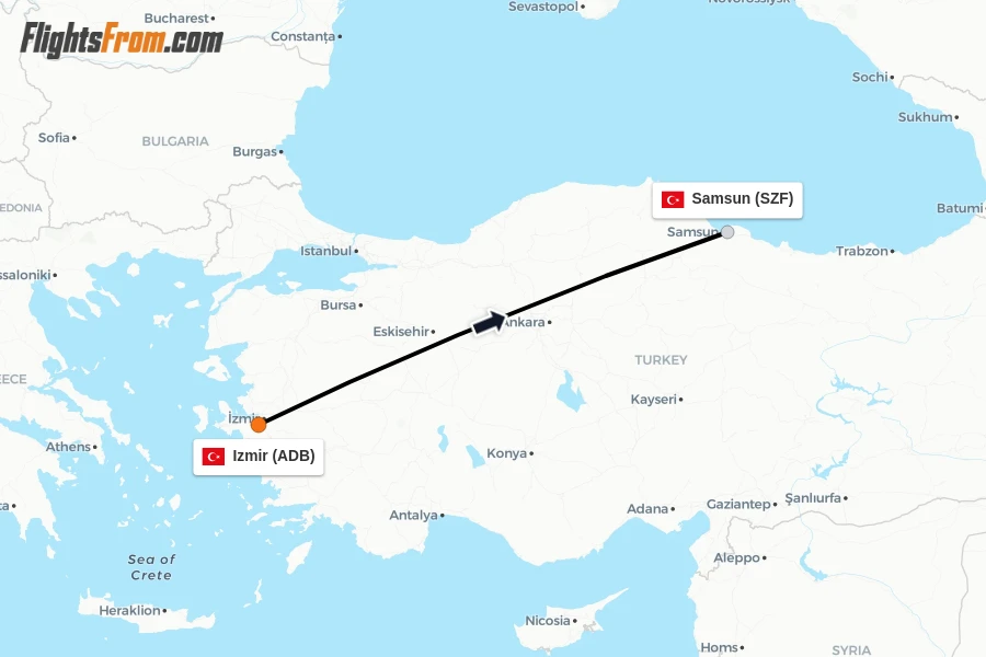 Flights from Izmir to Samsun route map