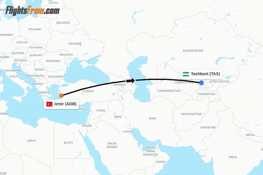 Flights from Izmir to Tashkent route map