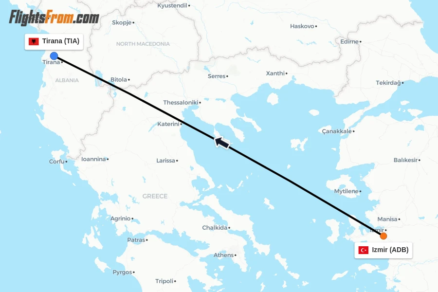 Flights from Izmir to Tirana route map