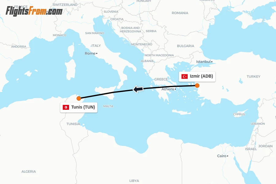Flights from Izmir to Tunis route map
