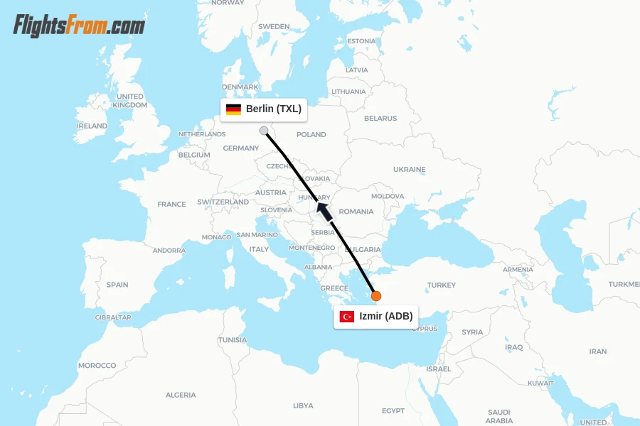 Flights from Izmir to Berlin route map