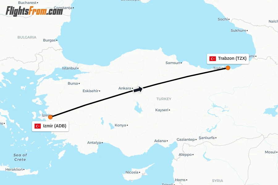 Flights from Izmir to Trabzon route map