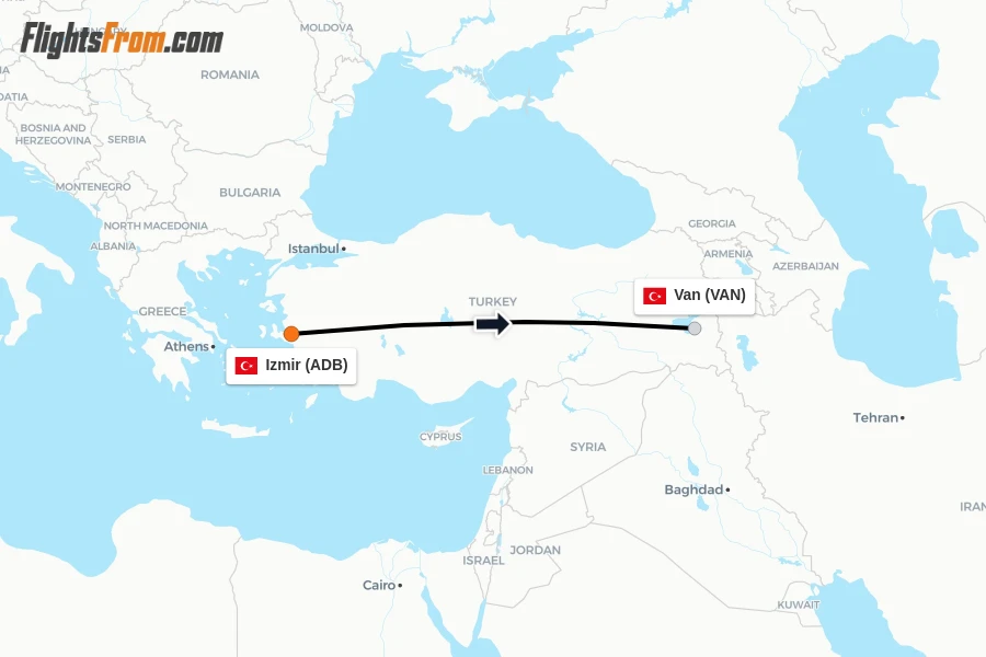 Flights from Izmir to Van route map