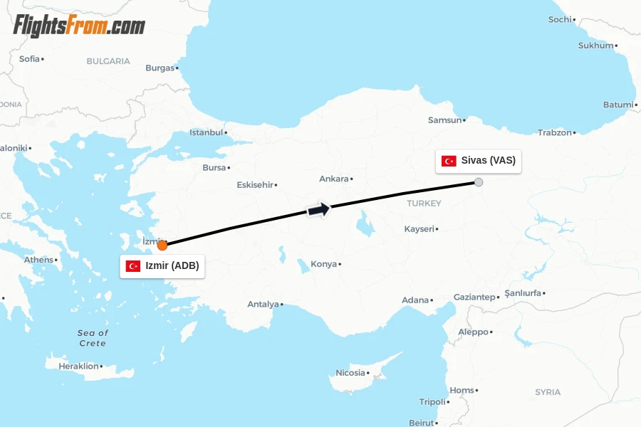 Flights from Izmir to Sivas route map