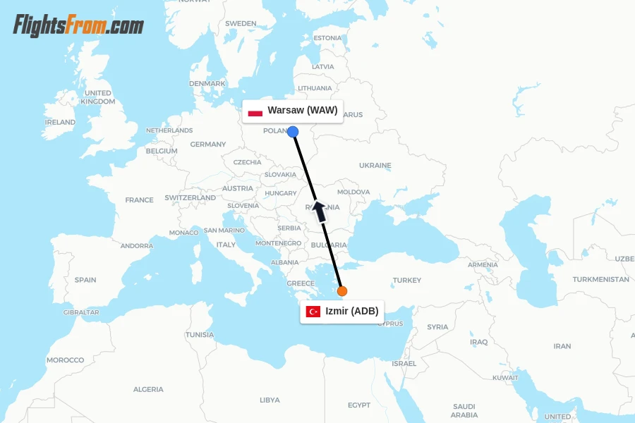Flights from Izmir to Warsaw route map