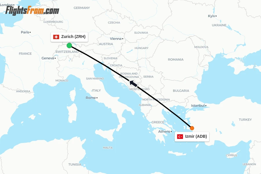 Flights from Izmir to Zurich route map