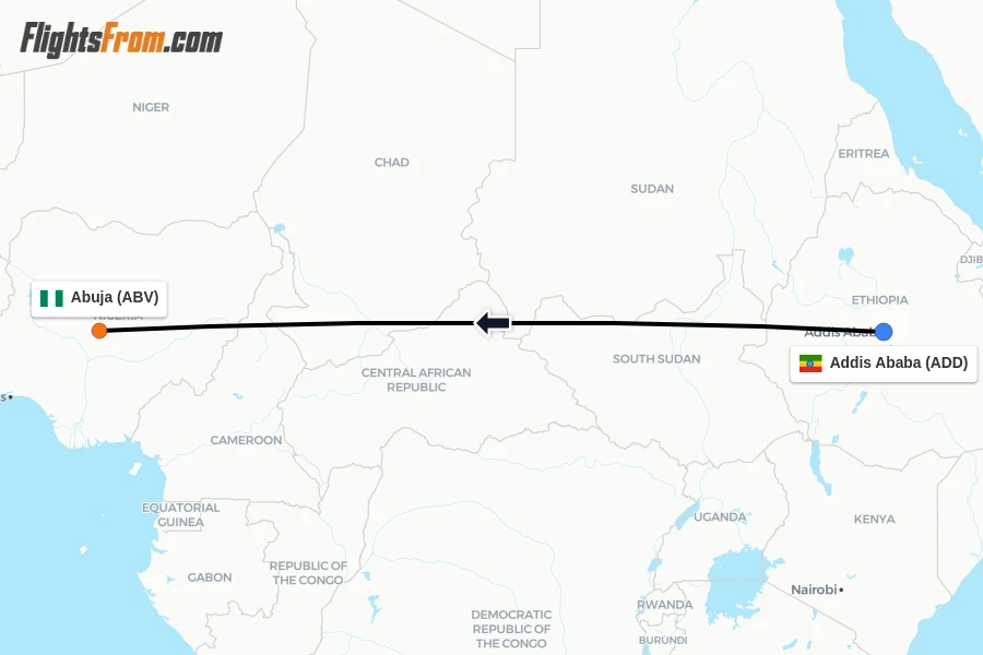 Flights from Addis Ababa to Abuja route map