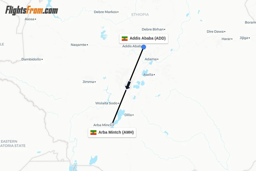 Flights from Addis Ababa to Arba Mintch route map