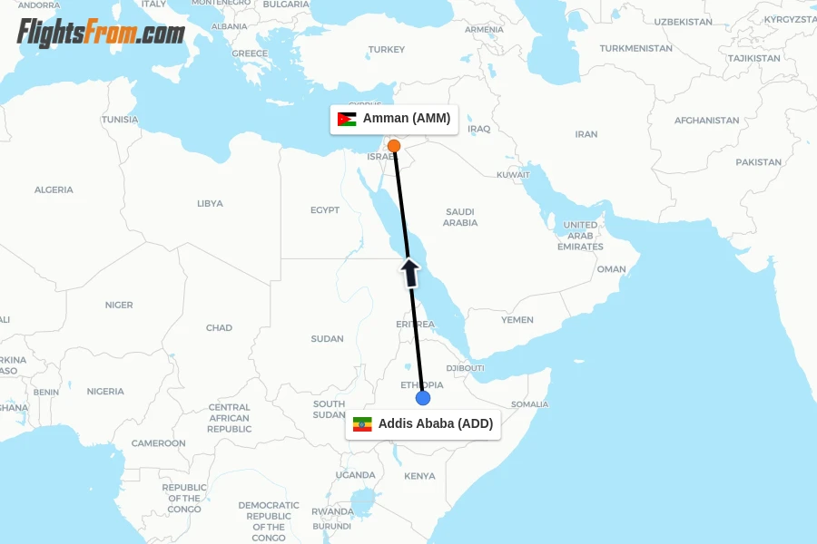 Flights from Addis Ababa to Amman route map