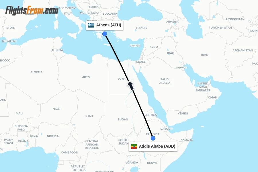 Flights from Addis Ababa to Athens route map