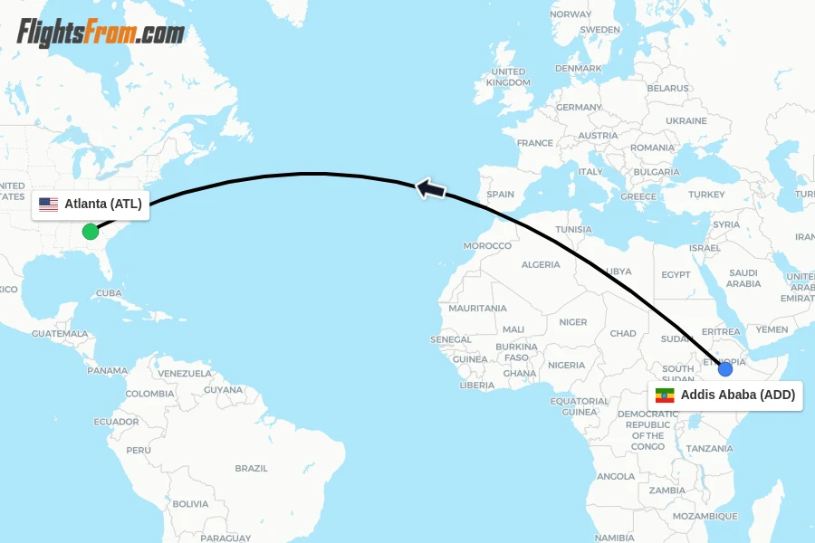 Flights from Addis Ababa to Atlanta route map