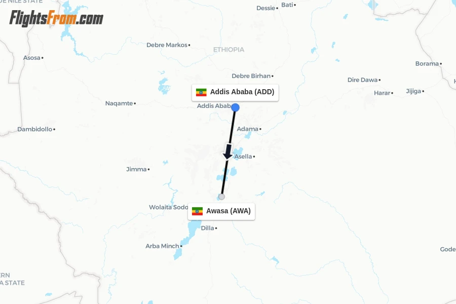 Flights from Addis Ababa to Awasa route map