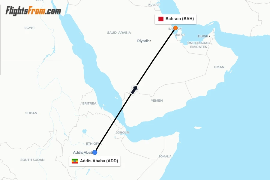 Flights from Addis Ababa to Bahrain route map