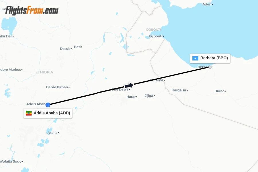 Flights from Addis Ababa to Berbera route map