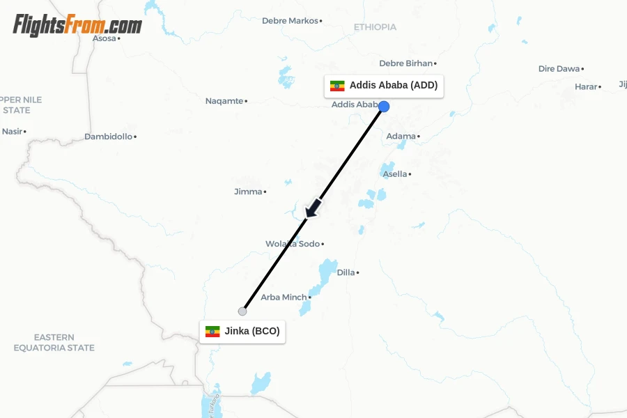 Flights from Addis Ababa to Jinka route map
