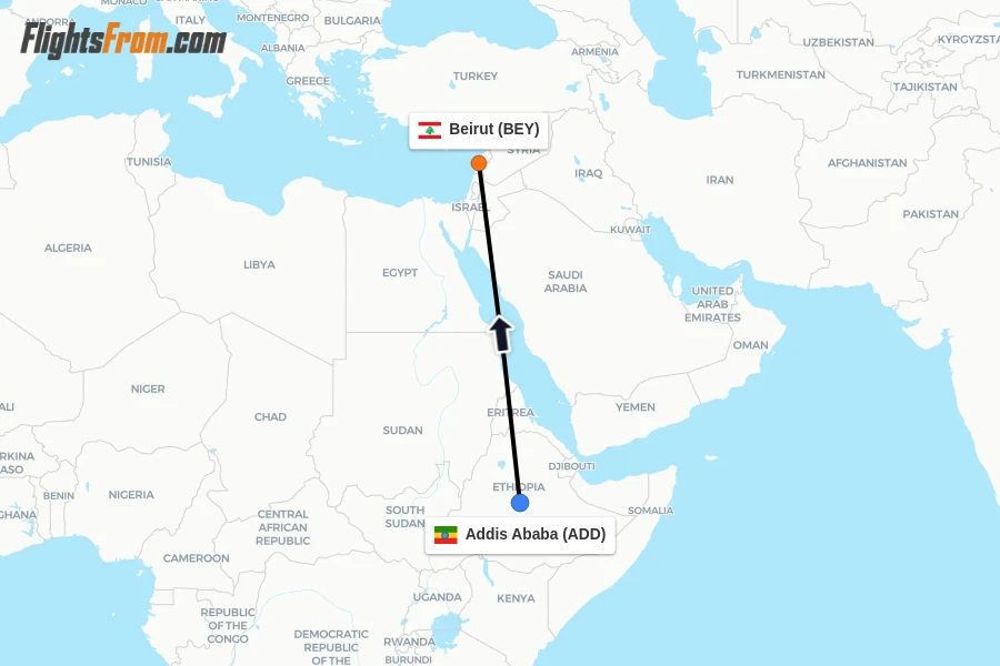 Flights from Addis Ababa to Beirut route map
