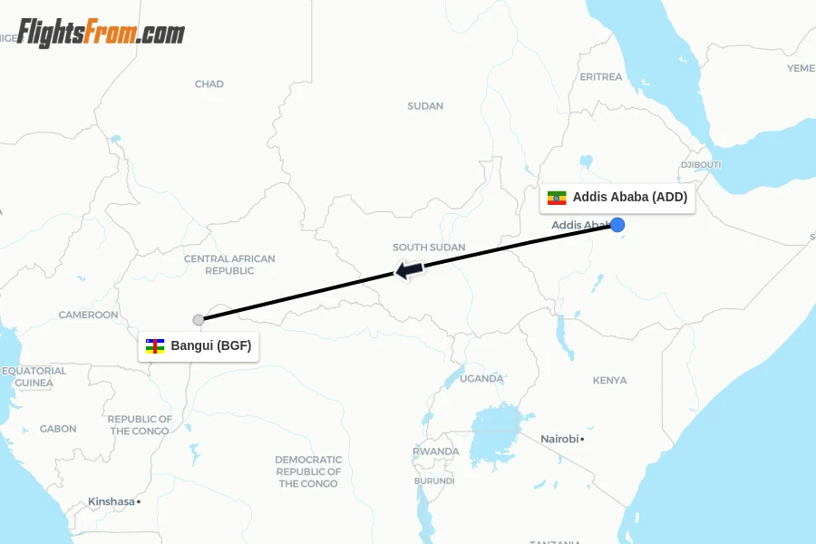 Flights from Addis Ababa to Bangui route map