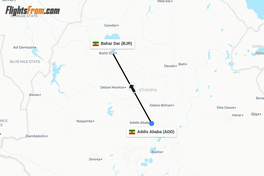 Flights from Addis Ababa to Bahar Dar route map