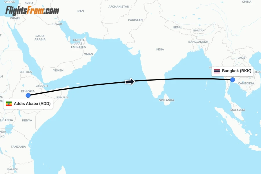 Flights from Addis Ababa to Bangkok route map