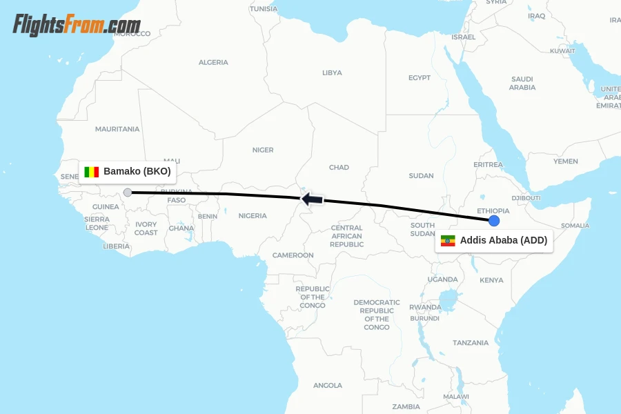 Flights from Addis Ababa to Bamako route map