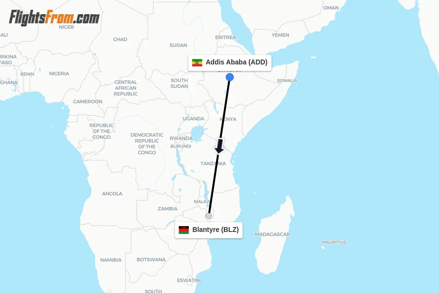 Flights from Addis Ababa to Blantyre route map