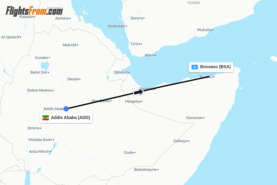 Flights from Addis Ababa to Bossaso route map