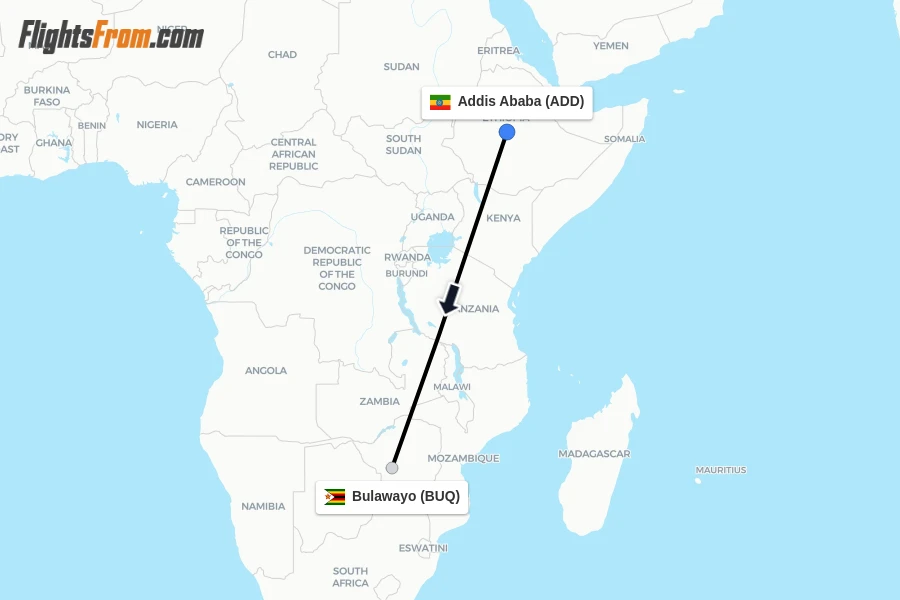 Flights from Addis Ababa to Bulawayo route map
