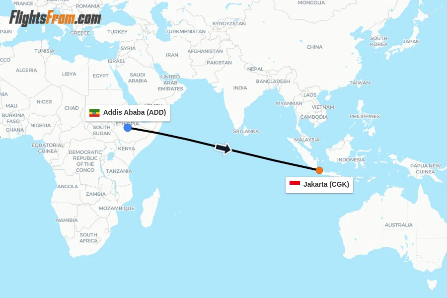 Flights from Addis Ababa to Jakarta route map