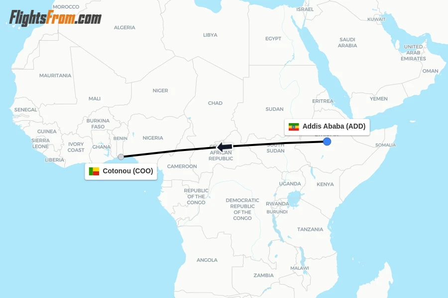 Flights from Addis Ababa to Cotonou route map