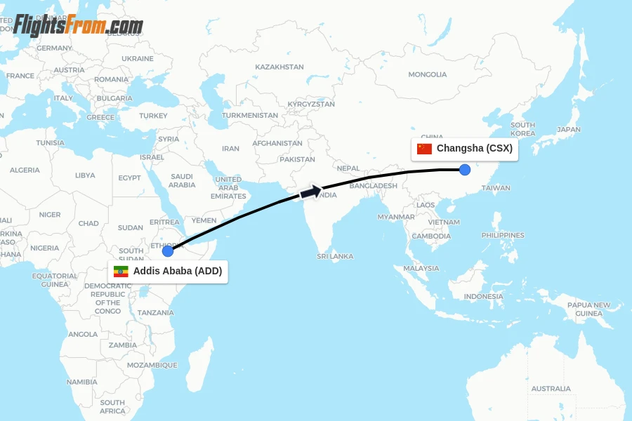Flights from Addis Ababa to Changsha route map