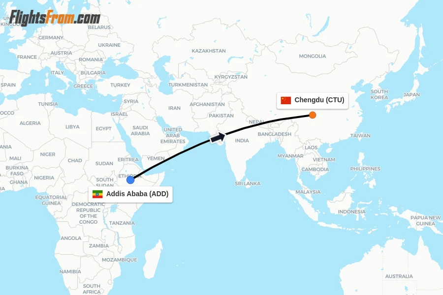 Flights from Addis Ababa to Chengdu route map