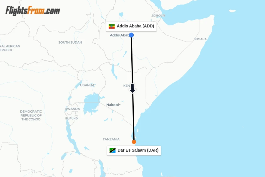 Flights from Addis Ababa to Dar Es Salaam route map