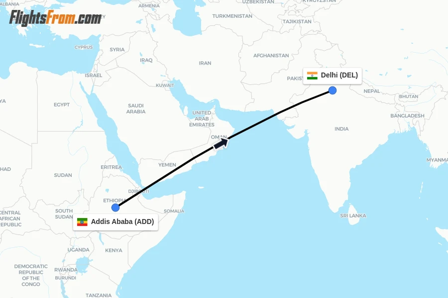 Flights from Addis Ababa to Delhi route map