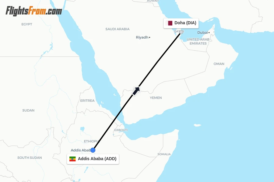 Flights from Addis Ababa to Doha route map