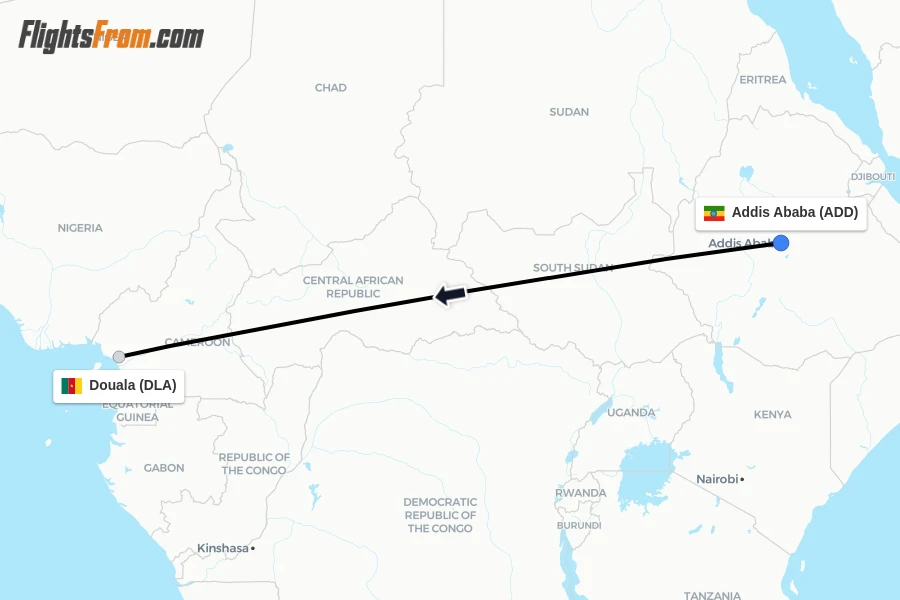 Flights from Addis Ababa to Douala route map